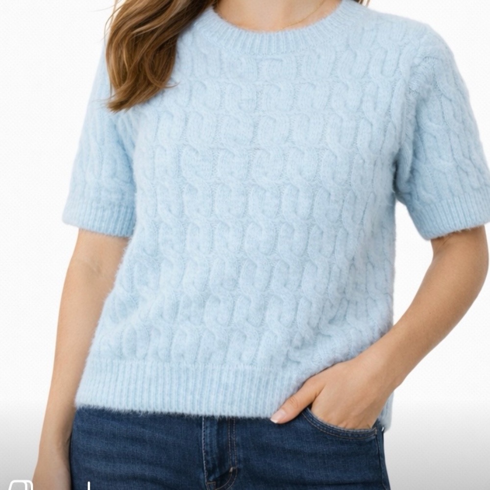 Cyrus Blue Eyelash Cable Knit Short Sleeve Sweater Crewneck NWT Women's‎ XS